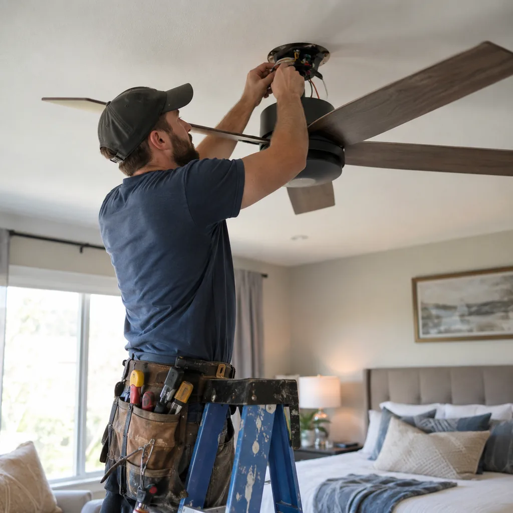 Electrician on a ladder mounting a ceiling fan in a bedroom as part of electrical installation in Plano - TX Electrician on a ladder mounting a ceiling fan in a bedroom as part of electrical installation in Plano - TX