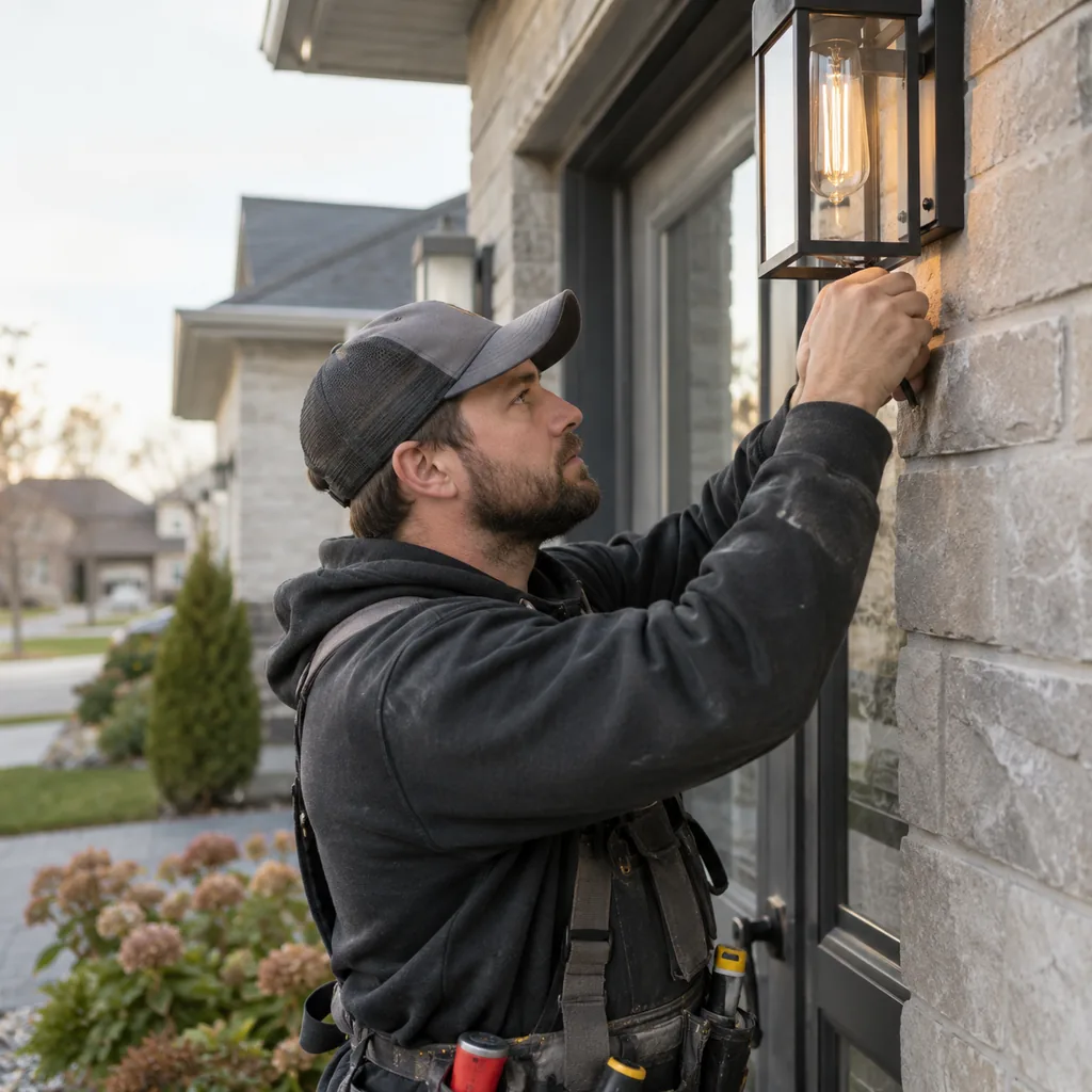 Electrician installing an outdoor wall lantern beside a front door for electrical installation in McKinney - TX