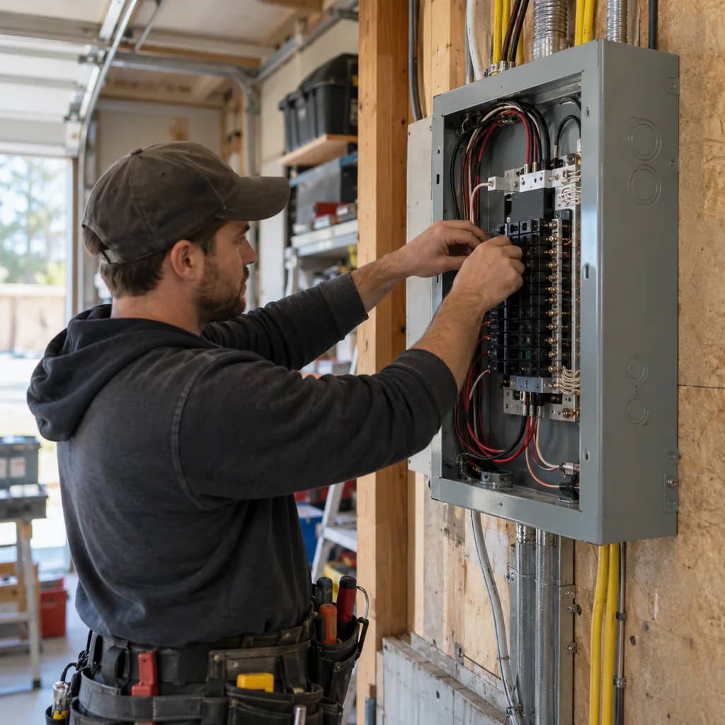 Electrician wiring breakers in a garage panel to support new electrical installation in Allen - TX Electrician wiring breakers in a garage panel to support new electrical installation in Allen - TX