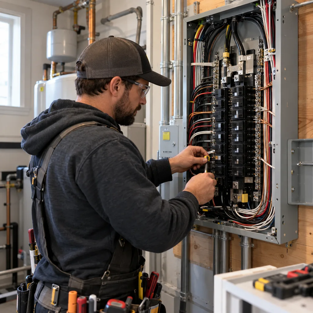 Electrician tightening breaker connections during an electrical panel upgrade in Dallas-Fort Worth beside a basement water heater Electrician tightening breaker connections during an electrical panel upgrade in Dallas-Fort Worth beside a basement water heater