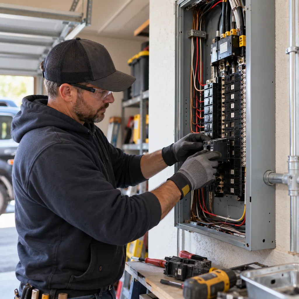 Garage workbench and tools beside an electrician installing breakers for an electrical panel upgrade in Keller - TX