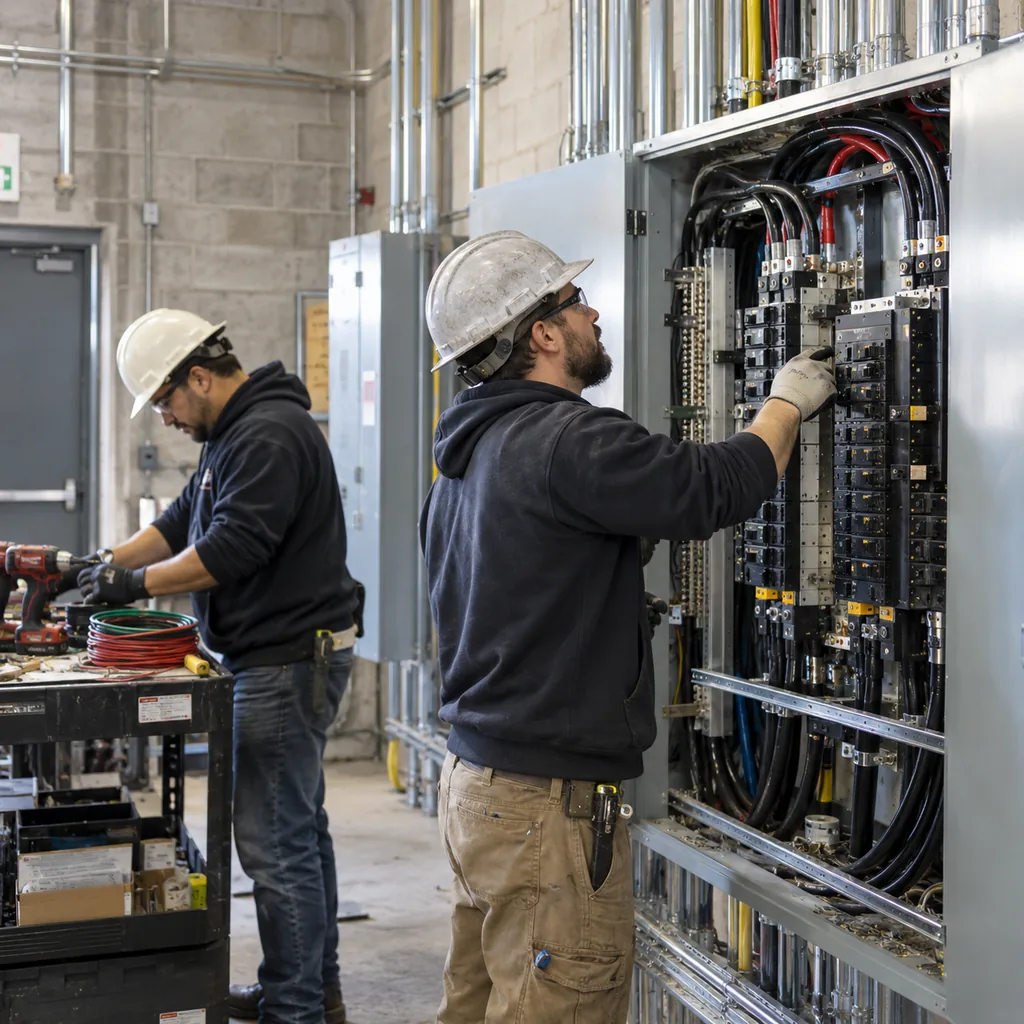 Two electricians in hard hats working on a large service panel for an electrical panel upgrade in McKinney - TX