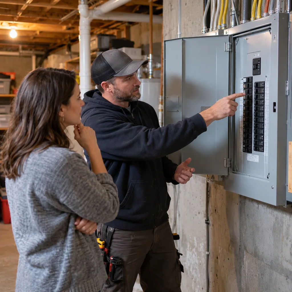 Homeowner listening as an electrician explains her new breakers following an electrical panel upgrade in Flower Mound - TX Homeowner listening as an electrician explains her new breakers following an electrical panel upgrade in Flower Mound - TX