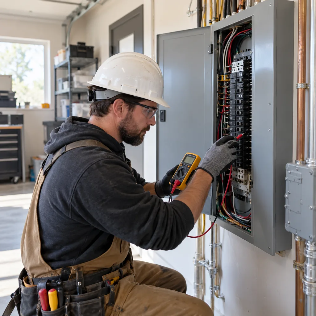 Electrician in a hard hat testing breakers with a multimeter during an electrical panel upgrade in Southlake - TX