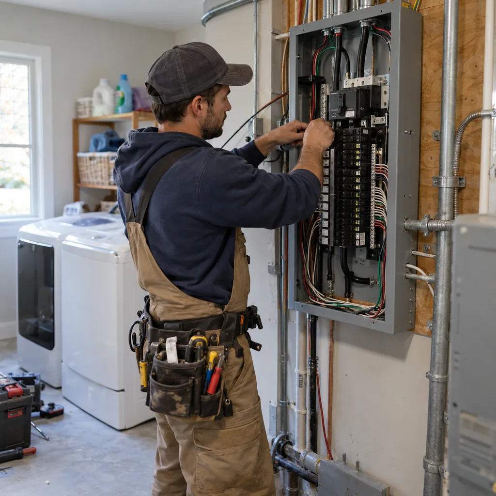 New breaker panel being wired in a home laundry room after an electrical panel upgrade in Dallas-Fort Worth New breaker panel being wired in a home laundry room after an electrical panel upgrade in Dallas-Fort Worth