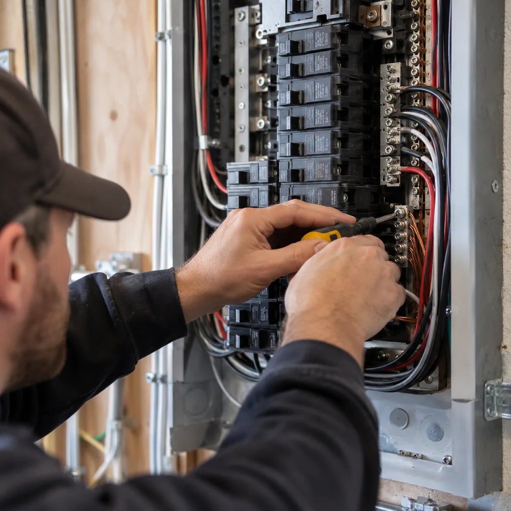 Electrician using a screwdriver on breaker terminals up close during an electrical panel upgrade in Keller - TX