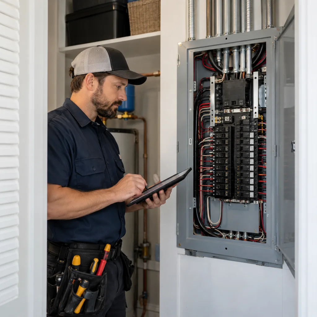 Electrician reviewing inspection notes on a tablet beside a finished electrical panel upgrade in McKinney - TX