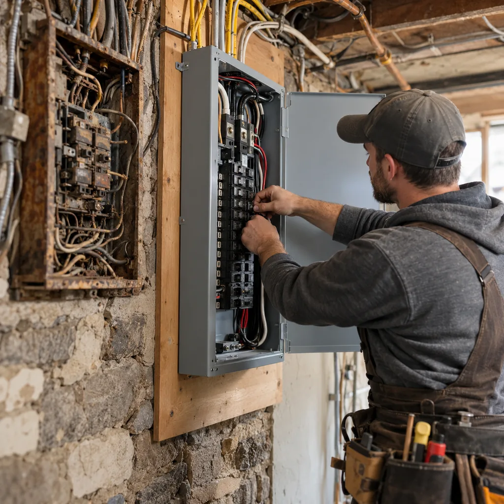 Electrician replacing an aging panel with tangled wiring during an electrical panel upgrade in Flower Mound - TX Electrician replacing an aging panel with tangled wiring during an electrical panel upgrade in Flower Mound - TX