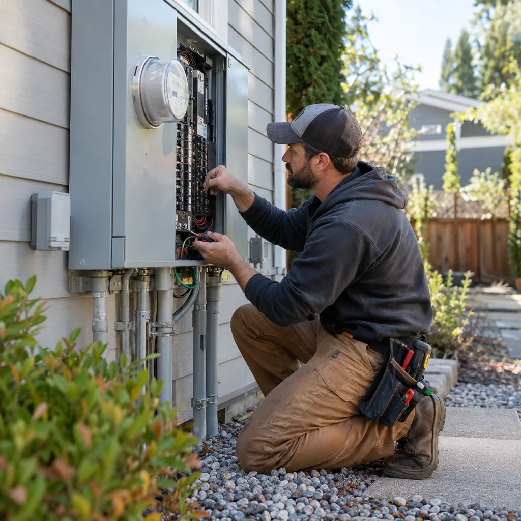 Electrician kneeling at the outdoor meter base to finish an electrical panel upgrade in Southlake - TX