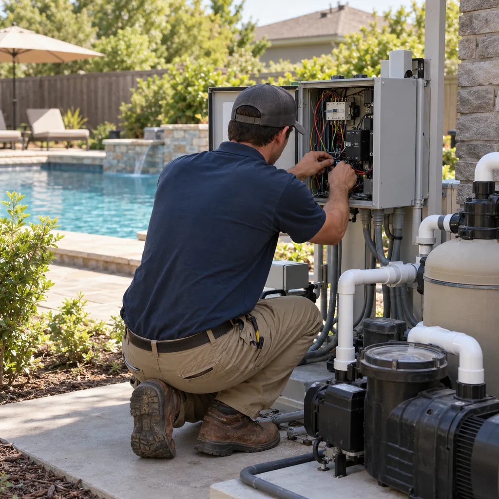Pool Electrician in Flower Mound - TX testing pool light wiring beside an equipment pad Pool Electrician in Flower Mound - TX testing pool light wiring beside an equipment pad