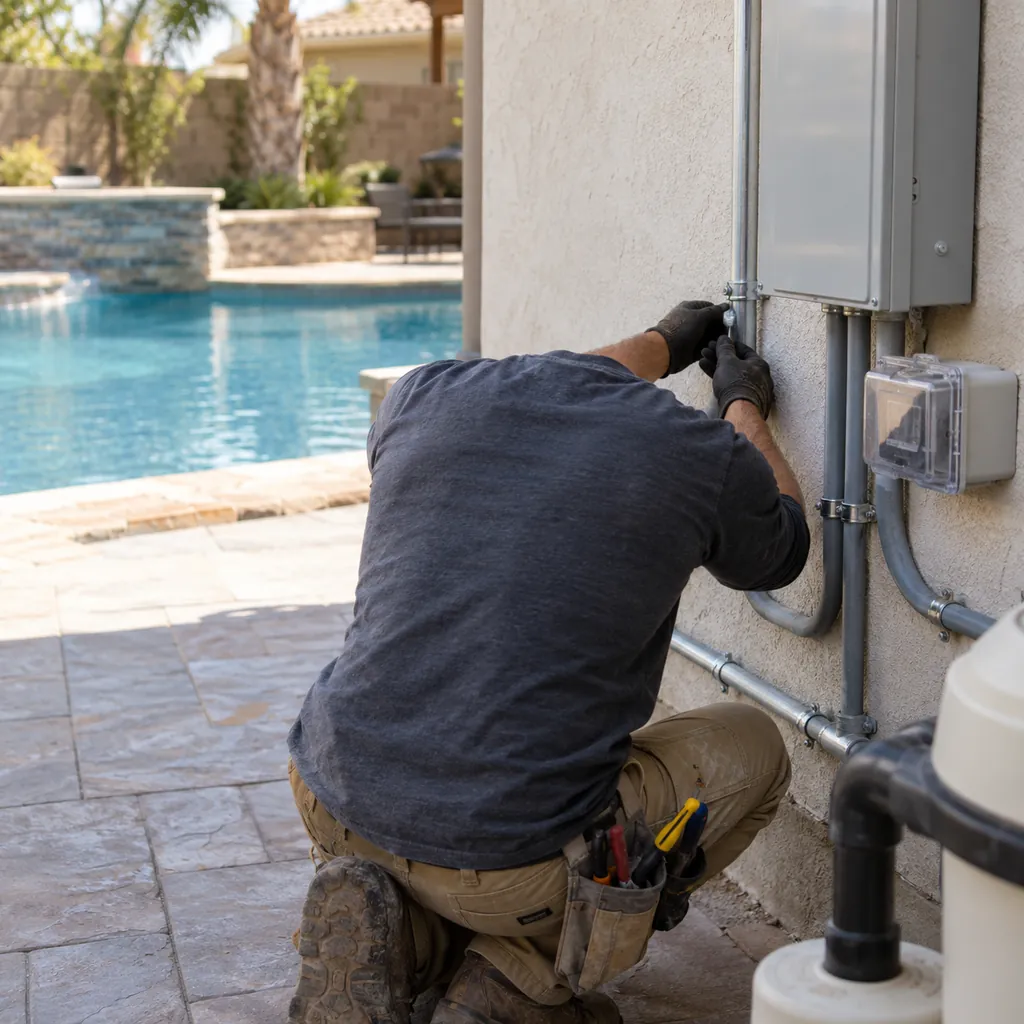 Pool Electrician diagnosing equipment wiring issues at a Flower Mound - TX backyard pool system Pool Electrician diagnosing equipment wiring issues at a Flower Mound - TX backyard pool system